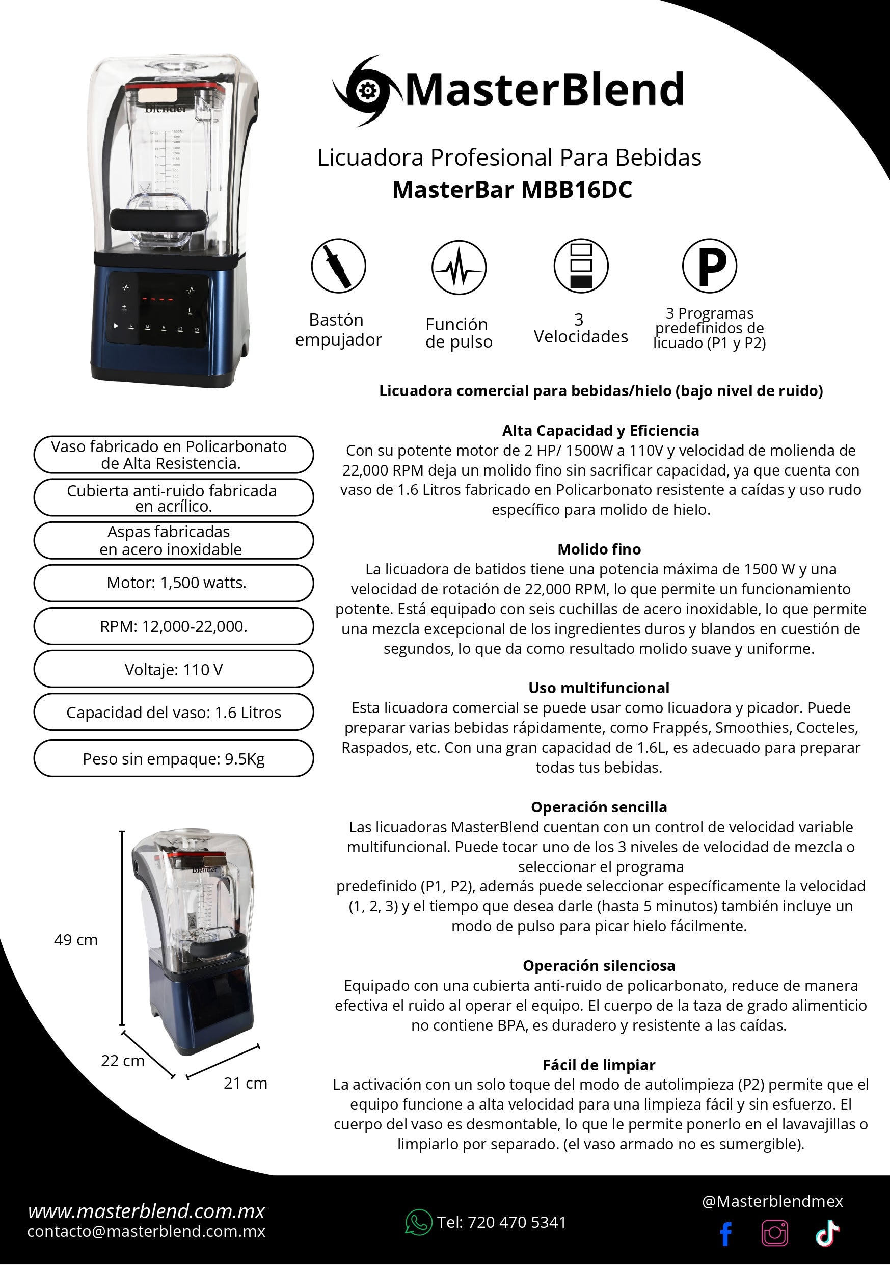 MasterBar MBB16DC 1.6 Litros 1500w/2 Hp 20,000RPM para Hielo