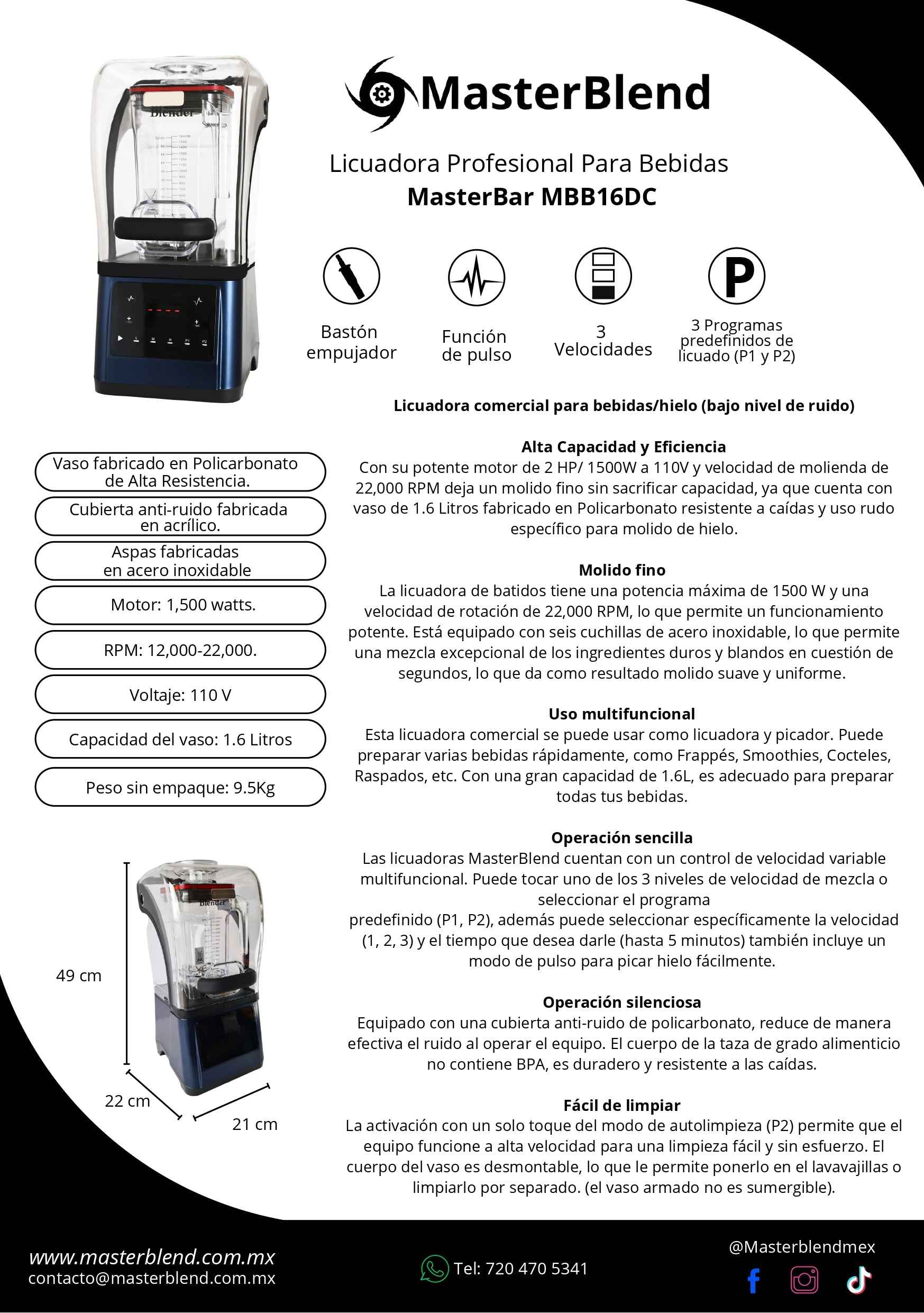 MasterBar MBB16DC 1.6 Litros 1500w/2 Hp 20,000RPM para Hielo