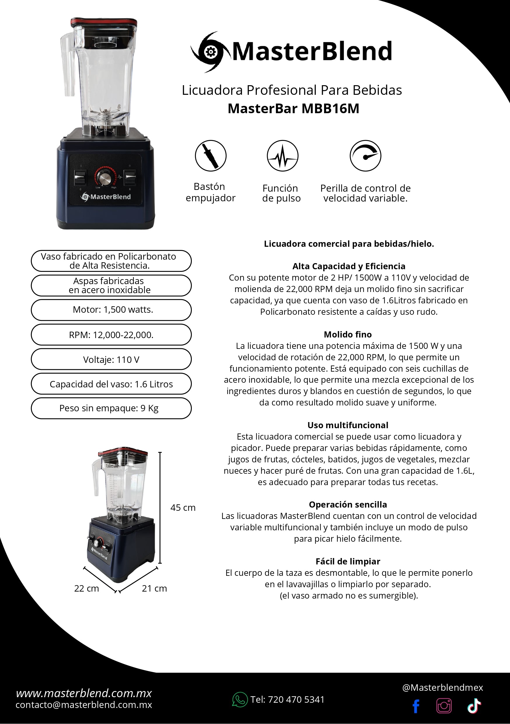MasterBar MBB16M 1.6 Litros 1500w/2 Hp 20,000 RPM para Hielo