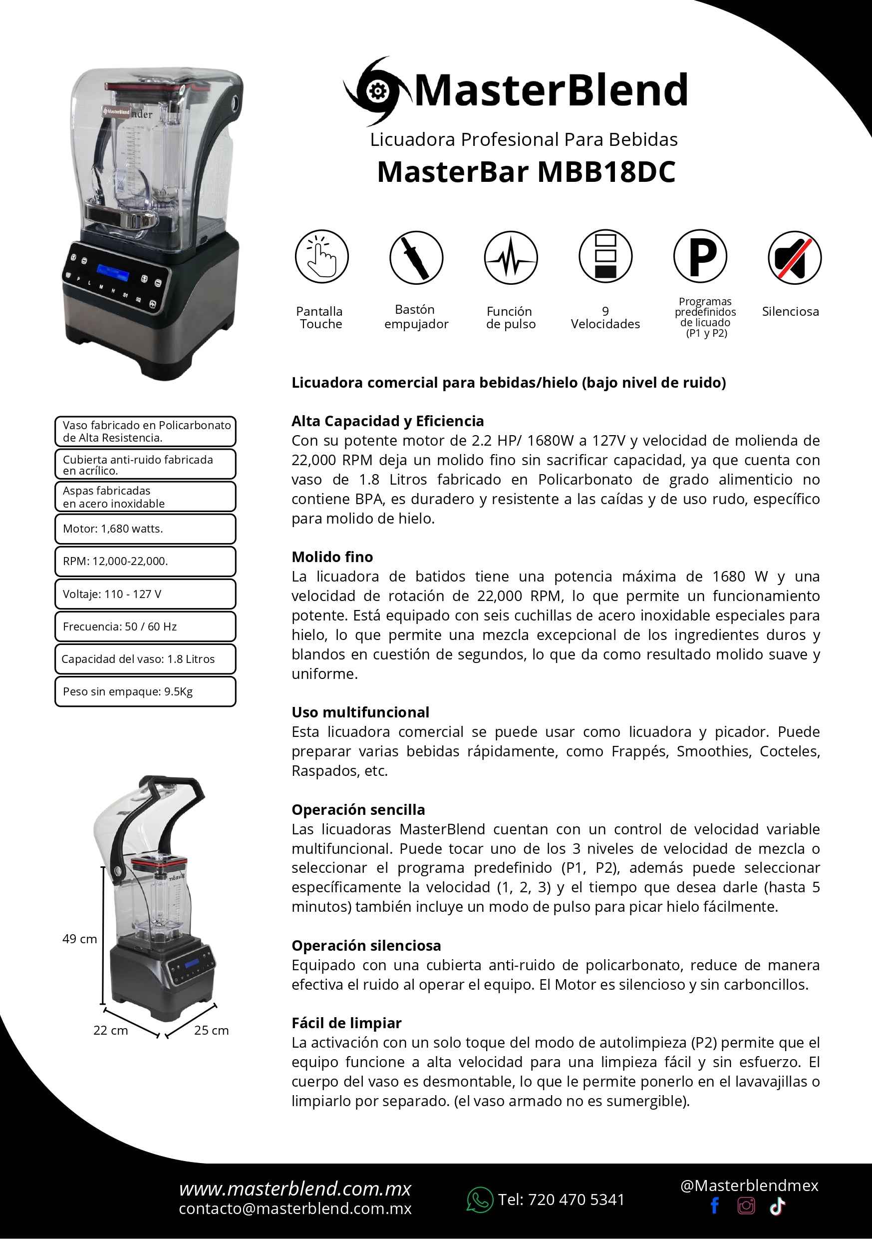 MasterBar Pro Licuadora 1.8 Litros 2.2 HP 110V 24,000 RPM para Hielo/bebidas