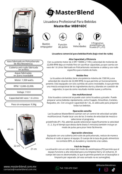 MasterBar MBB16DC 1.6 Litros 1500w/2 Hp 20,000RPM para Hielo