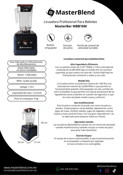 MasterBar MBB16M 1.6 Litros 1500w/2 Hp 20,000 RPM para Hielo